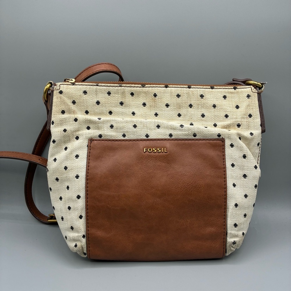 Fossil Fiona Polka Dot Canvas Crossbody Shoulder Purse Bag Cow Hide - Picture 1 of 12